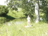 Milf sexy woman sunbathing naked on river bank. Naked in public. Wild beach Nudist. Ass. Pussy. Blonde. Doggystyle. Outside. POV